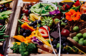 Fruit laid out in wooden box.