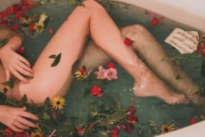 Bath with flowers in it