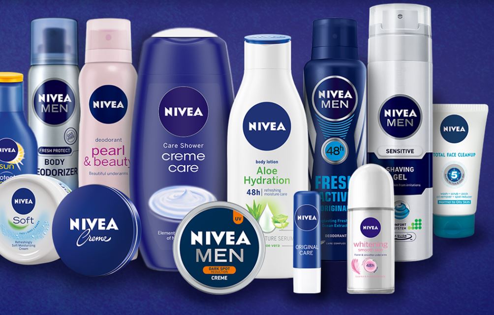 Nivea products lined up. on blue background.