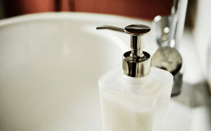 Liquid Soap On Bathroom Sink.