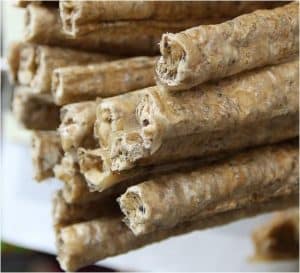 Close up dog treat rolls.