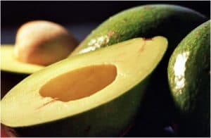 Avocado sliced in half.
