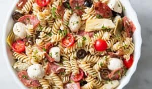 Bowl of pasta salad.