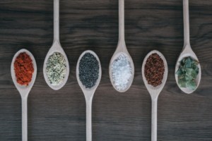 Birds eye view of spoons filled with spices.